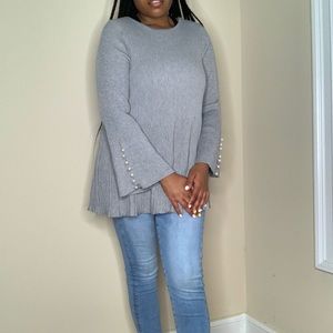 Long Sleeve Full Length Top - Pearl Accent Blouse